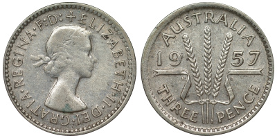 Австралия 3 пенса 1957 m, Елизавета II (1952-2022) KM 57 серебро 71-469