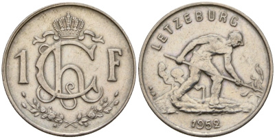 Люксембург 1 франк 1952 Шарлотта (1918-1964), сталевар KM 46.2 медно-никель 4603-1116
