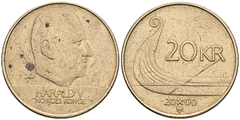 Норвегия 20 крон 2000 Харальд V (1992-) KM 453 никель латунь    177-414