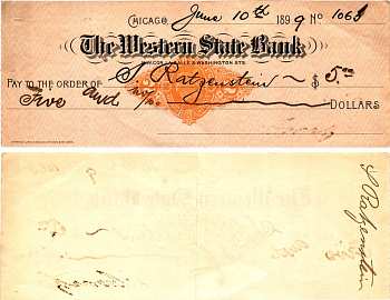 США чек на 5 долларов 1899 The Western State Bank, Чикаго бумага 6287-39-1-2