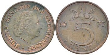 Нидерланды 5 центов 1975 Юлиана (1949-1980) KM 181 бронза 213-1131