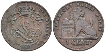 БЕЛЬГИЯ 1 САНТИМ 1907 BELGEN, ЛЕОПОЛЬД II (1865-1909) KM 33.1 медь 116-937