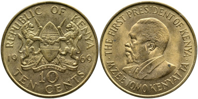 Кения 10 центов 1969 Джомо Кениата KM 11 никель латунь 4526-1114