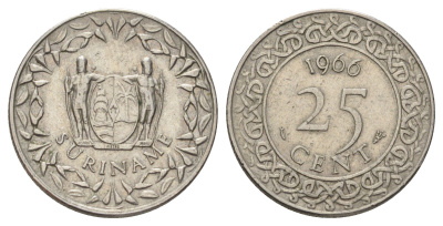 Суринам 25 центов 1966 KM 14 медно-никель 4124-852