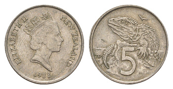 Новая Зеландия 5 центов 1988 Елизавета II (1952-2022), ящерица гаттерия KM 60 медно-никель 4594-362