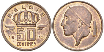 Бельгия 50 сантимов 1975 Belgie, Бодуэн I (1951-1993) KM 149.1 бронза 206-155