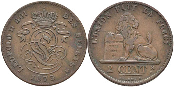 БЕЛЬГИЯ 2 САНТИМА 1875 BELGES, ЛЕОПОЛЬД II (1865-1909) KM 35.1 медь 119-322