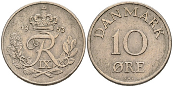 Дания 10 эре 1953 N; S, Фредерик IX (1947-1972) KM 841.1 медно-никель 4564-842