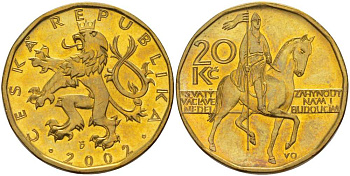 Чехия 20 крон 2002 чешский лев, герцог Вацлав на коне KM 5 сталь плакированная латунью 4514-745