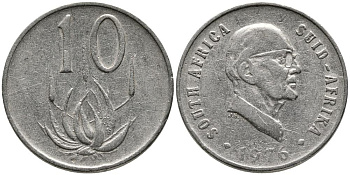 ЮАР 10 ЦЕНТОВ 1976 ПРЕЗИДЕНТ ЯКОБУС ЙОХАННЕС ФУШЕ, ЦВЕТОК АЛОЭ KM 94 никель 3336-1235