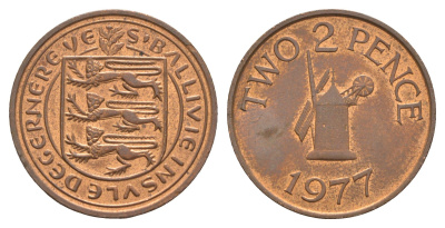 Гернси 2 пенса 1977 Елизавета II (1952-2022), ветряная мельница KM 28 бронза    4660-151