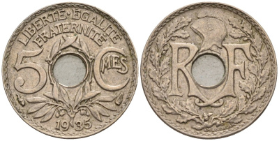 Франция 5 сантимов 1935 KM 875 медно-никель 4596-632