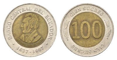 Эквадор 100 сукре 1997 70 лет Центробанку KM 101 биметалл UNC 4697-438