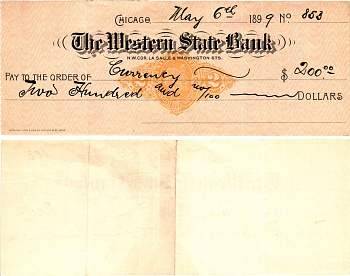 США чек на 200 долларов 1899 The Western State Bank, Чикаго бумага 6287-45-3-2
