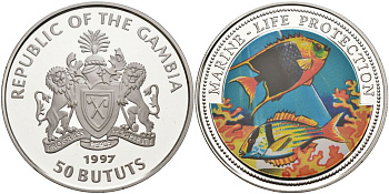 Гамбия 50 бутутов 1997 серия подводный мир, коралловые рыбки, цветная эмаль KM 60 серебро PROOF 11-327-33