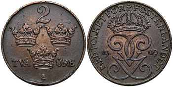 Швеция 2 эре 1909 Густав V (1907-1950) KM 778 бронза 27-1023