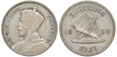 Фиджи 1 шиллинг 1936 Георг V (1910-1936), парусник KM 4 серебро 91-1035