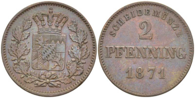 Бавария 2 пфеннига 1871 Людвиг II (1864-1886) KM 478 медь 202-254