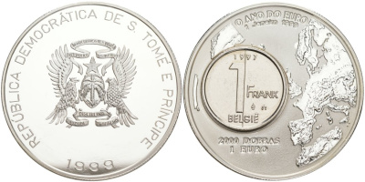 Сан-Томе и Принсипи 2000 добра-1 евро 1999 год евро, карта и Бельгия 1 франк KM 103 серебро PROOF 00-000-00