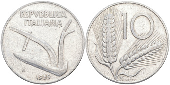 Италия 10 лир 1955 R, КОЛОС, плуг KM 93 алюминий 4519-935