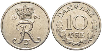 ДАНИЯ 10 ЭРЕ 1968 C;S, ФРЕДЕРИК IX (1947-1972) KM 849,1 медно-никель 201-1227