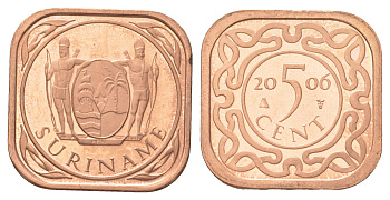 Суринам 5 центов 2006 тираж 1500 экземпляров KM 12b сталь плакированная медью BU 4625-323