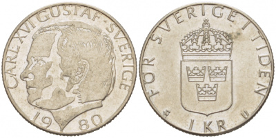 Швеция 1 крона 1980 Карл XVI Густав (1973- ) KM 852 медь плакированная медно-никелем 77-644
