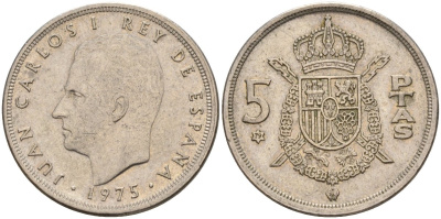 Испания 5 песет 1975 (79) Хуан Карлос I (1975-2014) KM 807 медно-никель 4155-642