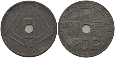 Бельгия 25 сантимов 1946 Belgie - Belgique, Леопольд III (1934-1947), германская оккупация, Вторая мировая война KM 132 цинк 4157-712