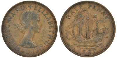 Великобритания 1/2 пенни 1957 Елизавета II (1952-2022) KM 896, Spink 4158 бронза 4681-536