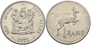 ЮАР 1 ранд 1977 антилопа спрингбок, герб KM 88а никель 177-443