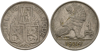 Бельгия 1 франк 1939 Belgie - Belgique KM 120 никель 4603-1257