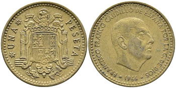 ИСПАНИЯ 1 ПЕСЕТА 1966 (72) ФРАНСИСКО ФРАНКО ДИКТАТОР ИСПАНИИ (1939-1975) KM 796 алюминиевая бронза 110-1226