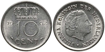 НИДЕРЛАНДЫ 10 ЦЕНТОВ 1962 ЮЛИАНА KM 182 никель 112-736