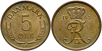 ДАНИЯ 5 ЭРЕ 1963 C; S, ФРЕДЕРИК IX (1947-1972) KM 848.1 бронза 4398-845