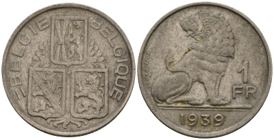 Бельгия 1 франк 1939 Belgie - Belgique KM 120 никель 4603-1257