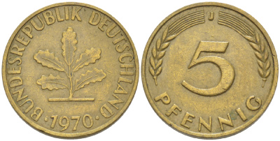 ФРГ 5 ПФЕННИГОВ 1970 J KM 107, J. 382 сталь плакированная латунью 4181-927