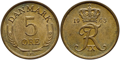 ДАНИЯ 5 ЭРЕ 1963 C; S, ФРЕДЕРИК IX (1947-1972) KM 848.1 бронза 4398-845