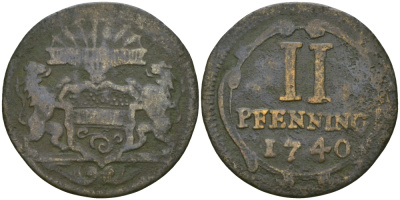 Мюнстер 2 пфеннига 1740 городские деньги KM 337 медь 99-846