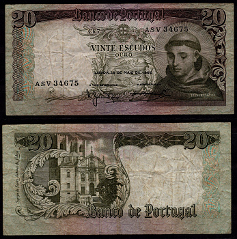 Португалия 20 эскудо 1964 Санту-Антониу, церковь Святого Антония Pick 167 b(2) бумага 8604-24-2-2