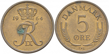 ДАНИЯ 5 ЭРЕ 1964 C; S, ФРЕДЕРИК IX (1947-1972) KM 848.1 бронза 4402-1222