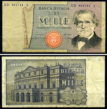 Италия 1000 лир 1980 6 сентября 1980 Джузеппе Верди, Милин Ла Скала, Pick 101g бумага 6293-44-4-2
