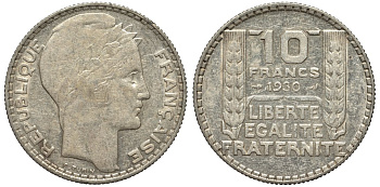 Франция 10 франков 1930 Пьер Тюрен KM 878, Le Franc 360.3 серебро 189-714