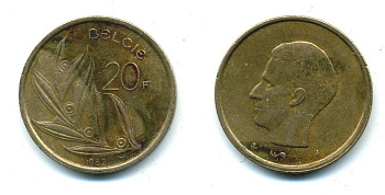 БЕЛЬГИЯ 20 ФРАНКОВ 1982 BELGIE KM 160 никель бронза 25-1625