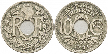 ФРАНЦИЯ 10 САНТИМОВ 1923 tb, ТИП ЛИНДАЙЁ, МОНЕТНЫЙ ДВОР ПУАССИ, МОЛНИЯ KM 866a медно-никель 4402-934