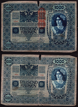 Австрия 1000 крон 1902 (1919) Женщина, австрийское знаме, с печатью Pick 59 бумага 6289-48-2-1