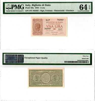 Италия 1 лира 1944 в слабе PMG 64, подписи: Ventura / Simoneschi / Giovinco Pick 29 a бумага UNC (пресс) 452-2-105