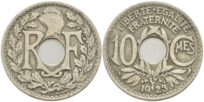 ФРАНЦИЯ 10 САНТИМОВ 1923 tb, ТИП ЛИНДАЙЁ, МОНЕТНЫЙ ДВОР ПУАССИ, МОЛНИЯ KM 866a медно-никель 4402-934