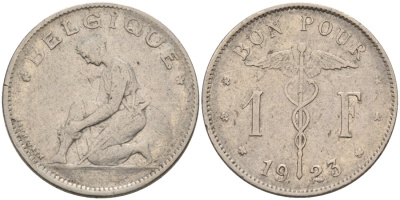 Бельгия 1 франк 1923 Belgique, Альберт I (1909-1934) KM 89 никель 51-2242