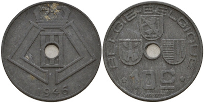 Бельгия 10 сантимов 1946 Belgie - Belgique, Леопольд III (1934-1947), германская оккупация, Вторая мировая война KM 126 цинк 4161-354